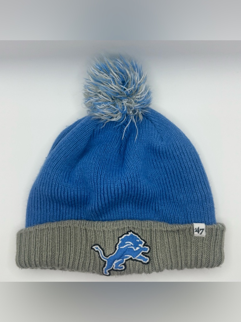 Detroit Lions ’47 Brand Pom Pom Beanie Blue Gray Knit Cuffed Hat NFL Football